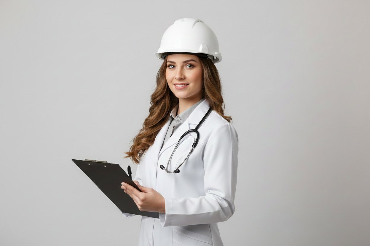 Profissional de enfermagem do trabalho com jaleco, capacete de segurança e prancheta, em avaliação de saúde ocupacional