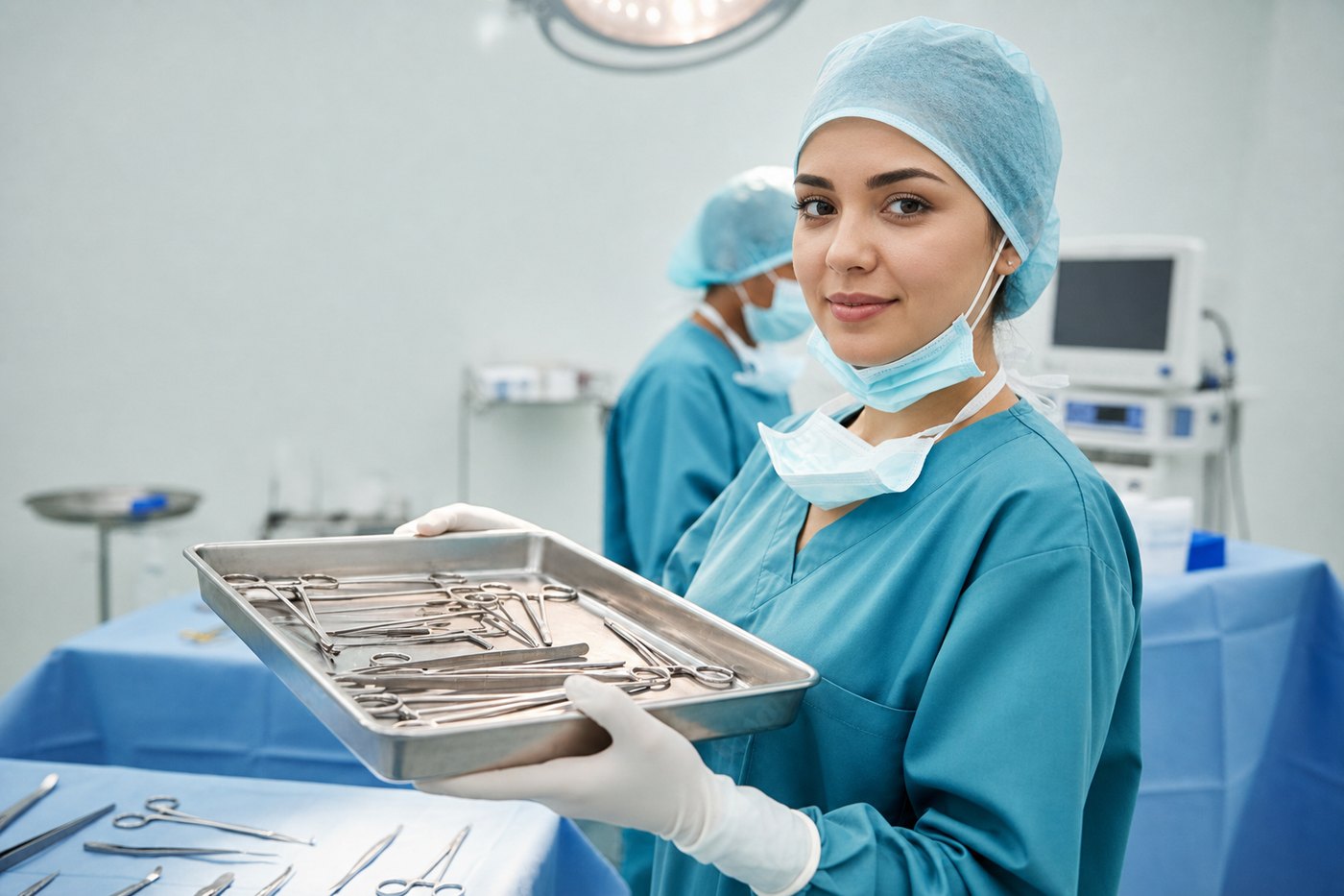 Técnica de enfermagem em centro cirúrgico segurando a bandeja com o instrumental esterilizado, ao lado da mesa cirúrgica