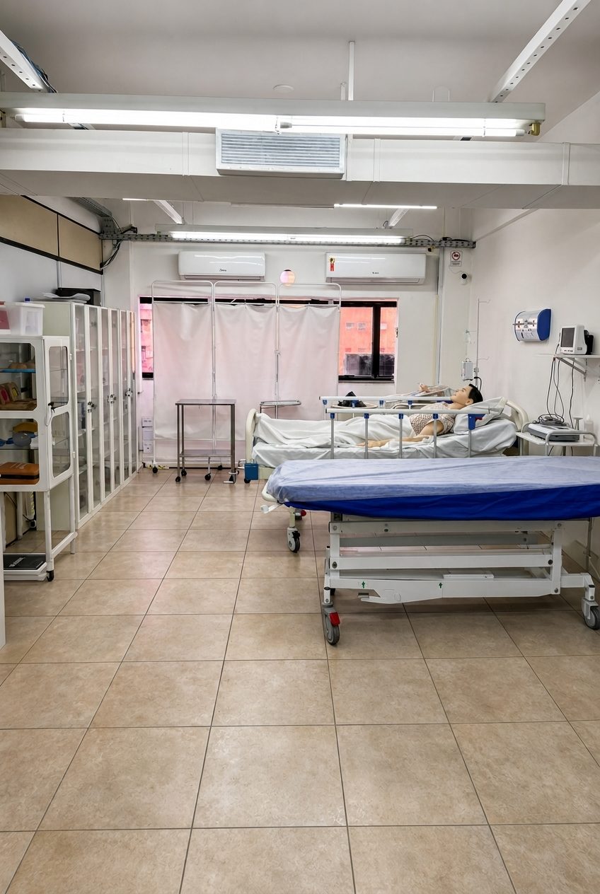 Laboratório de Enfermagem da Abazze Técnica: leitos hospitalares com manequim de simulação, monitor multiparâmetros e armários de materiais