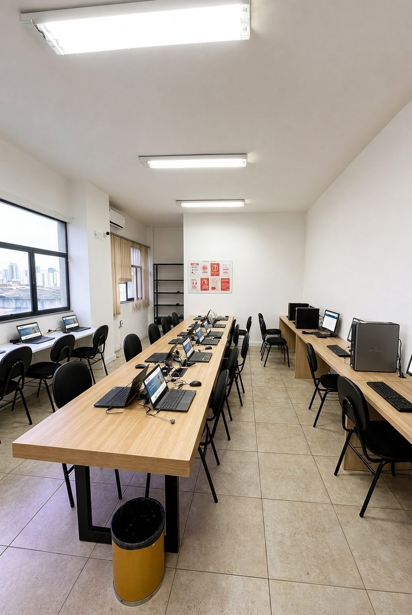 Laboratório de Informática da Abazze Técnica: bancadas com computadores e notebooks para pesquisa e atividades dos alunos