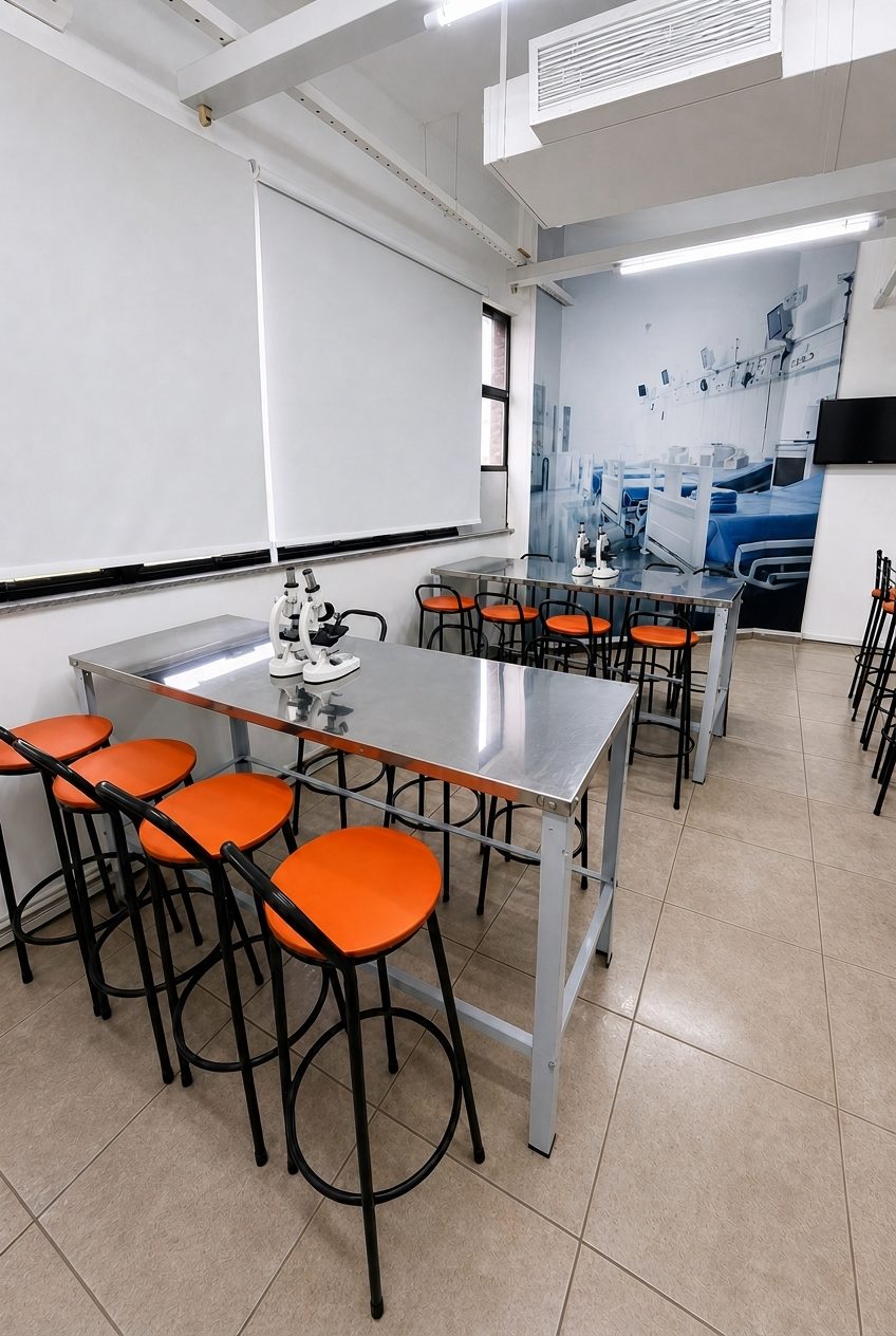 Laboratório Morfológico da Abazze Técnica: bancadas em aço inoxidável com microscópios e banquetas para as aulas práticas