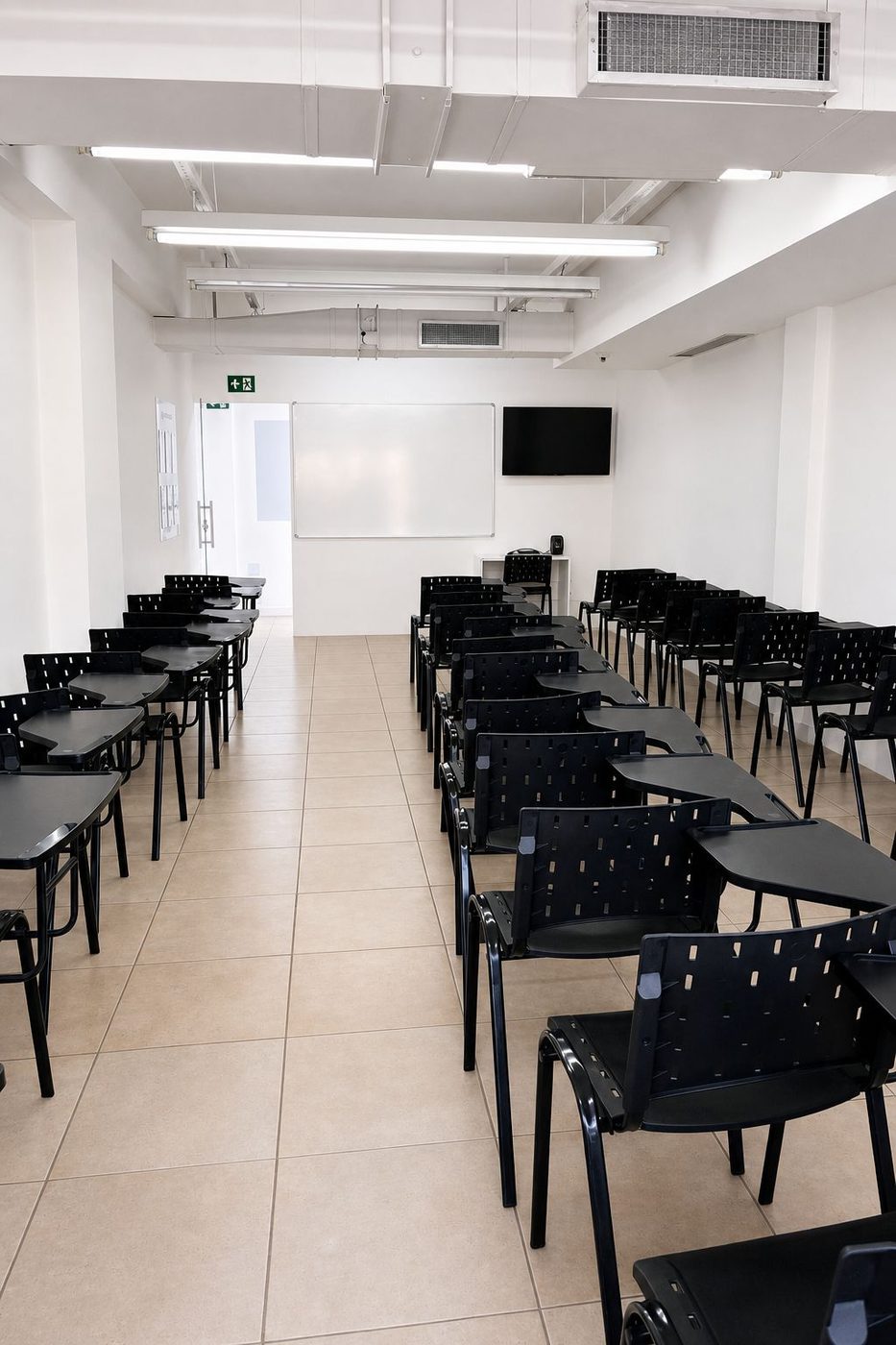 Sala de aula da Abazze Técnica: carteiras individuais, quadro branco, televisor e ar-condicionado